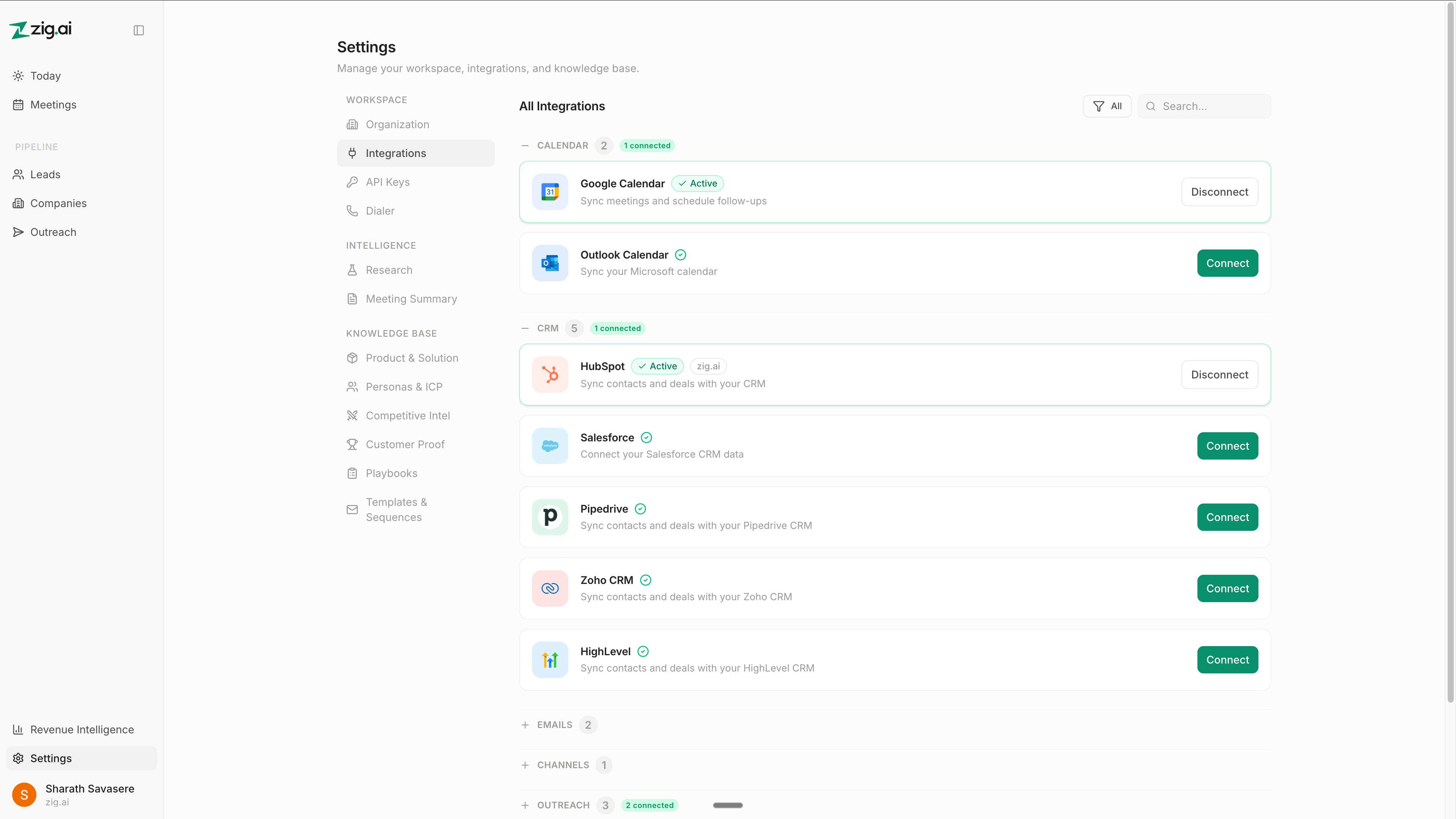 Zig AI automated CRM activity logging dashboard